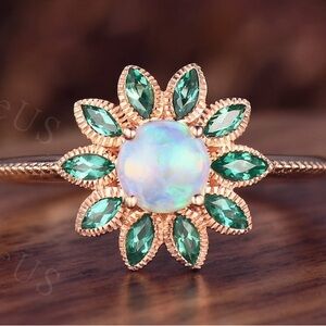 Opal & Emerald Silver flower ring
